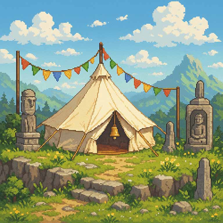Sacred Quest - Mystical monastery landscape with tent and ancient monuments